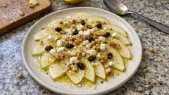 Pear Carpaccio with Feta and Walnuts—an elegant no-cook appetizer in minutes