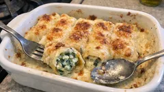 Air Fryer Ricotta & Spinach Cannelloni With Béchamel and a Lightly Golden Top
