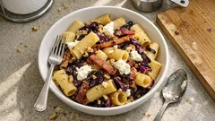 Rigatoni with Radicchio and Guanciale—Finished with Ricotta and Walnuts